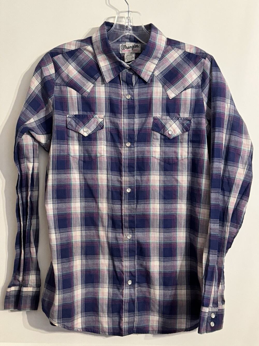 Wrangler Pearl Snap Western Shirt Blue Plaid Flannel Sz L Cowgirl Rodeo Boho